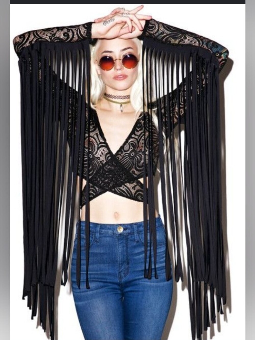 J Valentine Dark Widow Black Fringe Sheer Lace Crop Long Sleeve Wrap Top